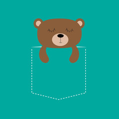 Bear sleeping in the pocket. Cute cartoon character. Dash line. Forest animal collection. T-shirt design. Blue background. Isolated. Flat