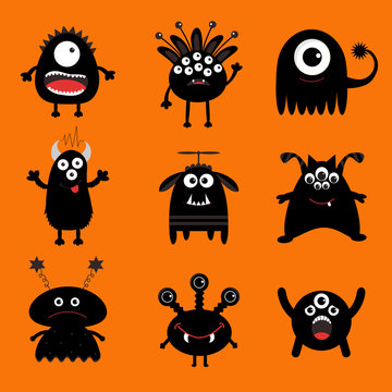 Black monster big set. Cute cartoon scary silhouette character. Baby collection. Orange background. Isolated. Happy Halloween card. Flat design.