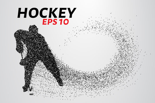 Hockey player of the particles. Silhouette of a hockey player consists of small balls and scatters in the wind.
