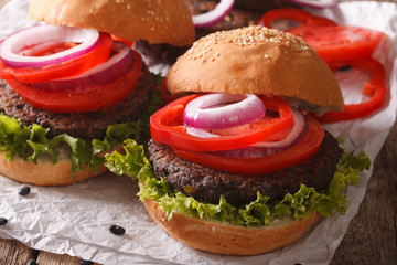 vegetarian sandwiches: burgers from beans and vegetables close-up. horizontal
