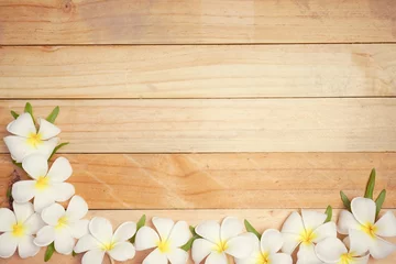 Zelfklevend Fotobehang Frangipani frangipani (plumeria) bloemen in zachte kleur en vervagen stijl op houten achtergrond