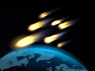 Shooting stars or fall comets over globe map. Meteor shower vector illustration © vectortatu