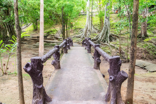 Fototapeta Old wooden bridge in tropical rain forest damp, sai yok noi, kanchanaburi