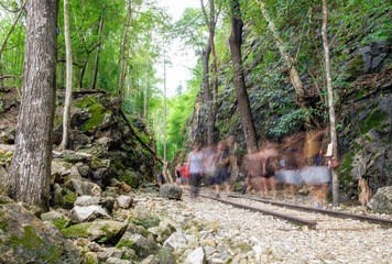 Valley strait history of world war II, blur tourists walking in hellfire pass,kanchanaburi