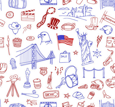 Hand-drawn doodle collection of the different American objects, buildings and signs. Line art icons pattern.