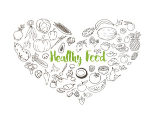 Composition with different line art hand-drown fruits and vegetables. Healthy food doodles.