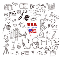Hand-drawn doodle collection of the different American objects, buildings and signs. Line art icons set