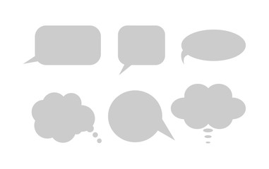 Simple grey speech bubbles set on white background. Talk and think bubbles. Different shaped icons.