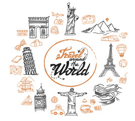 Hand-drawn doodle frame with different travel objects, sights and buildings: Eiffel Tower, Big Ben, Great China Wall, Pyramids, etc. Line art round frame