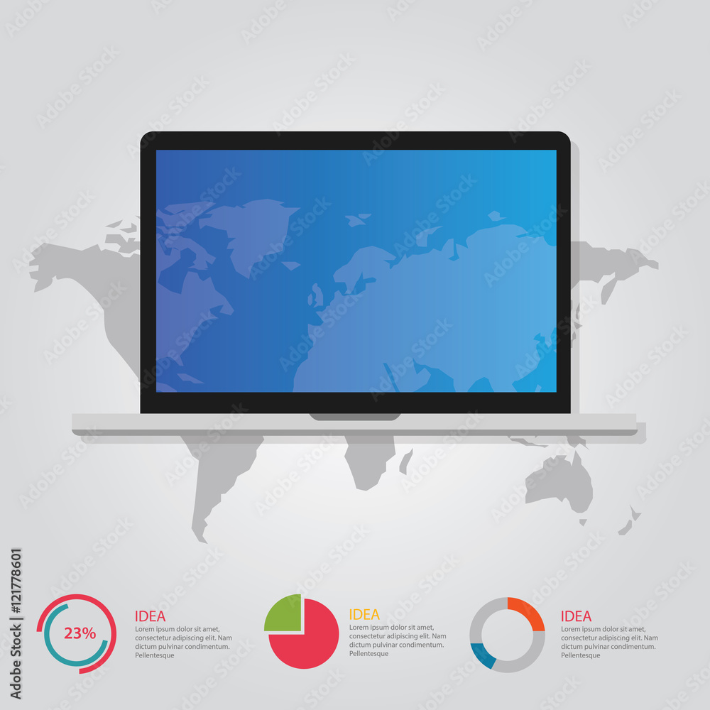 Poster laptop notebook and world map info graphic communication online internet concept data presentation t