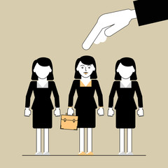 People Search . Hand picks a woman employee. Vector illustration linear flat