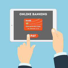 Online banking with tablet. Hands holding white tablet. Online banking with credit or debit card. E-commerce.