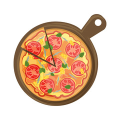Isolated pizza on wooden board on white background. Tasty and fresh italian fast food. Pizza with tomatoes, cheese and herbs.
