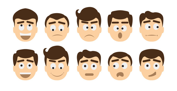 Man emoji set on white background. All kinds of emotions as laugh, sad, anger, cheerful and other moods.