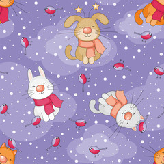 Christmas seamless pattern with the image of funny pets and snowflakes in cartoon style