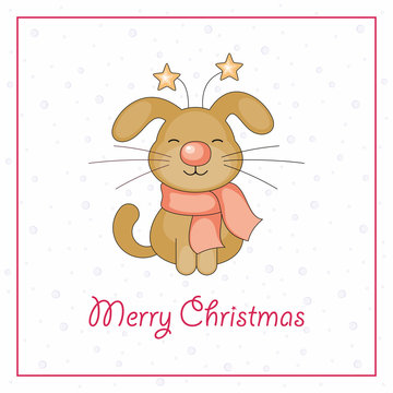 Merry Christmas greeting card with the image of funny dog and snowflakes in cartoon style