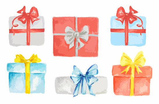 Watercolor presents set. Colorful boxes with bows and ribbons for holidays as Christmas, New Year and Birthday.