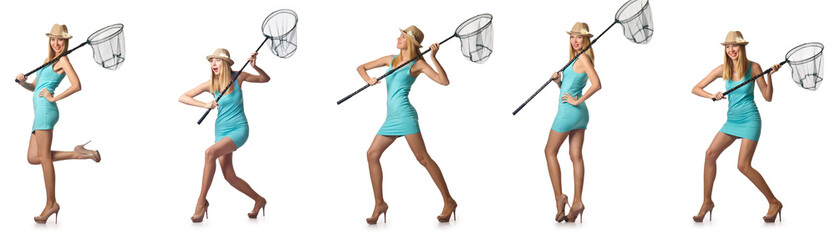 Woman with catching net isolated on white