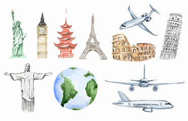 Watercolor world travel set. All sightseeing from all over the world as big ben, liberty statue, Colosseum and more. Airplanes. © inspiring.team