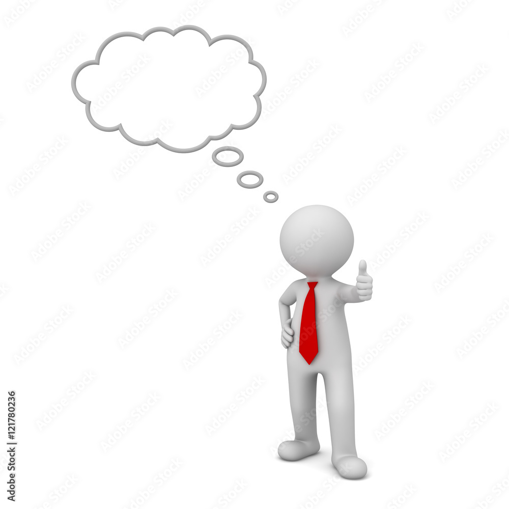 Poster 3d business man standing and showing thumbs up like with blank thought bubble above his head isolate