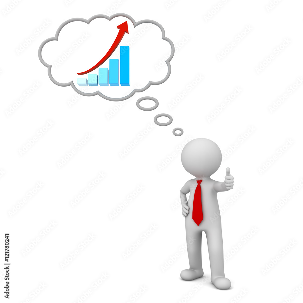 Poster 3d business man standing and showing thumbs up like with growth graph chart in thought bubble concept isolated over white background 3D rendering