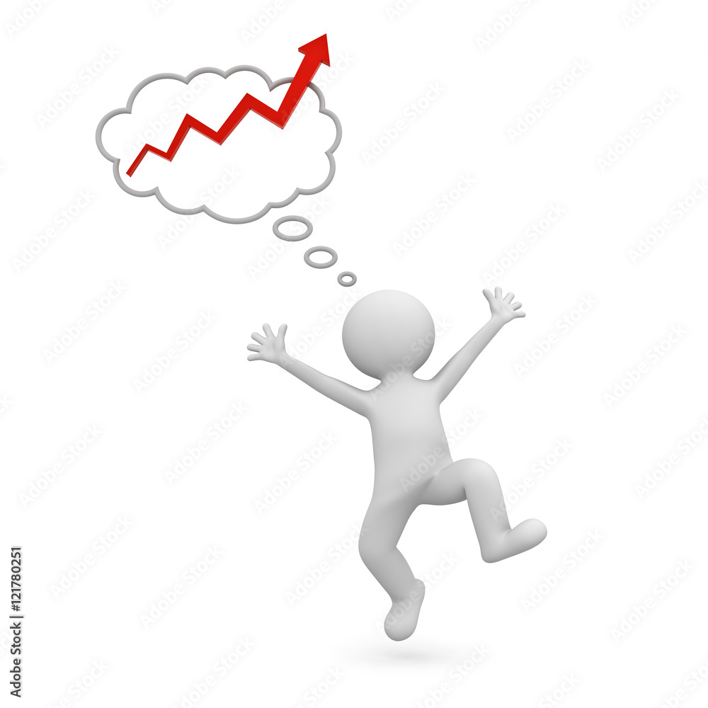 Poster very happy 3d man celebrating with red rising arrow graph in thought bubble above his head over whit