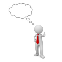 3d business man standing and showing thumbs up like with blank thought bubble above his head isolated over white background