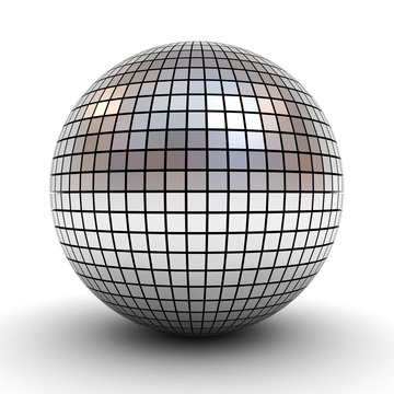 Metallic polygonal chrome sphere or disco ball isolated over white background with shadow 3D rendering