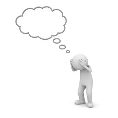3d man standing and thinking with blank thought bubbles above his head concept isolated over white background