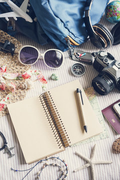 Overhead view of Traveler's accessories and items, Travel concep