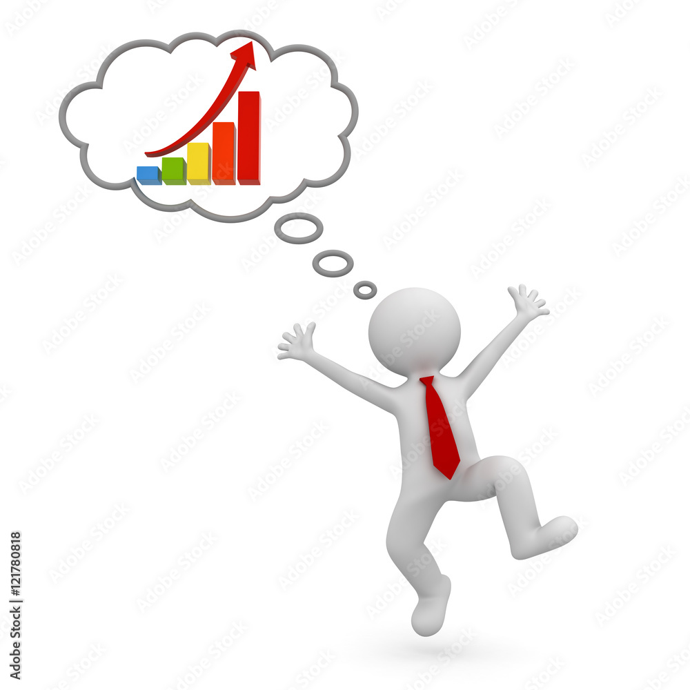 Poster very happy 3d man celebrating with growth graph chart in thought bubble above his head over white ba