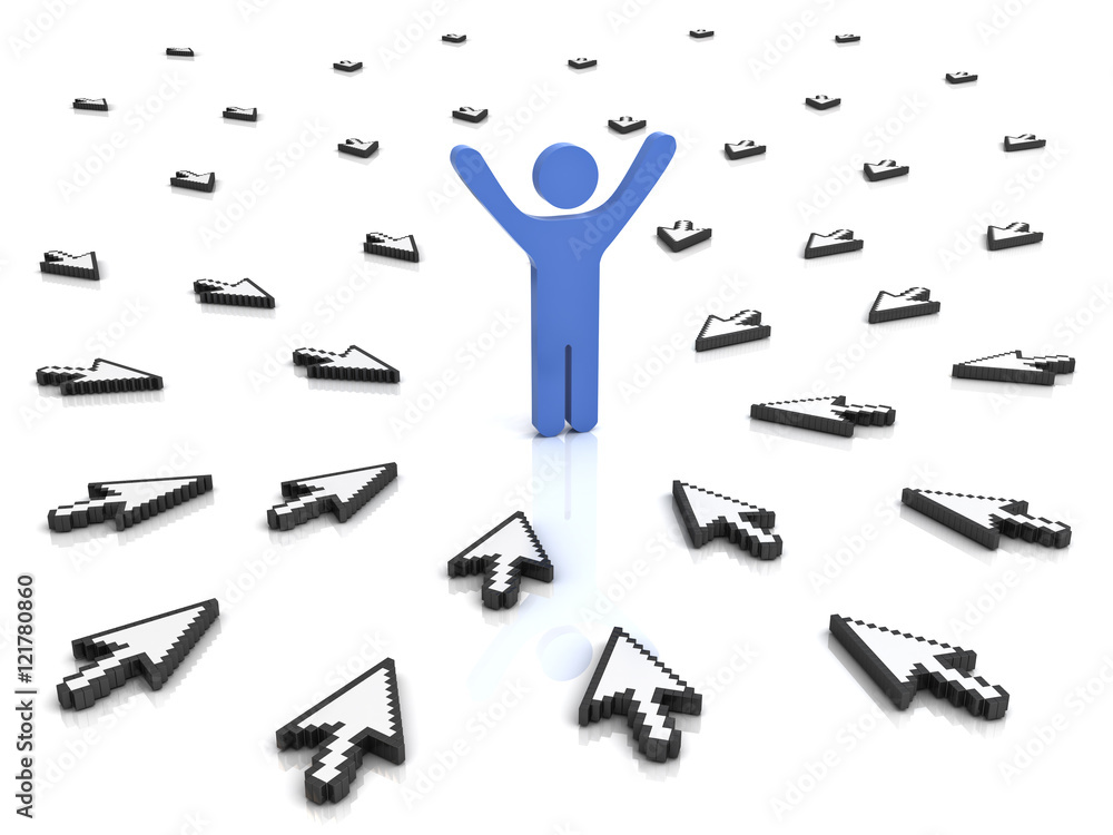 Poster One man standing arms wide open with many arrow cursors aiming at him concept isolated over white background with reflection