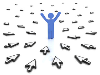 Fototapeta premium One man standing arms wide open with many arrow cursors aiming at him concept isolated over white background with reflection