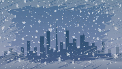 Big city in the winter in the snow. Vector illustration.