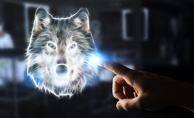 Person touching fractal endangered wolf illustration 3D renderin