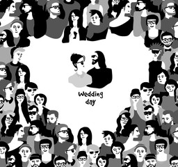 Happy wedding day card couple border heart symbol black and white.