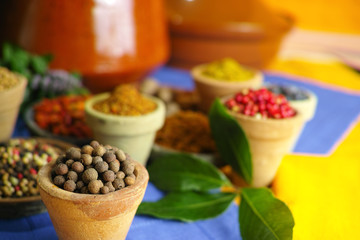 Collection of different spices in old clay bowls in colorful oriental style