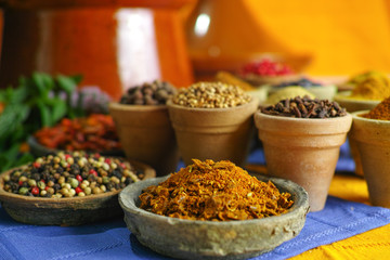 Collection of different spices in old clay bowls in colorful oriental style