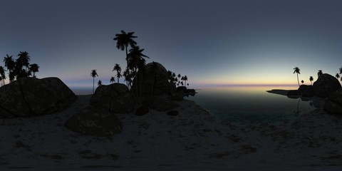 Fototapeta na wymiar panoramia of tropical beach at sunset. made with one 360 degree