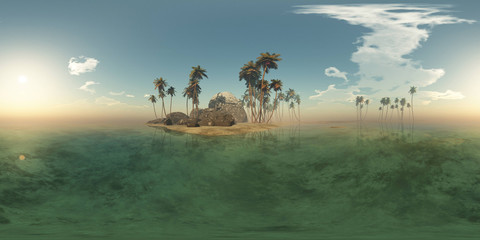 Naklejka na ściany i meble panoramia of tropical island with palms in ocean. made with one