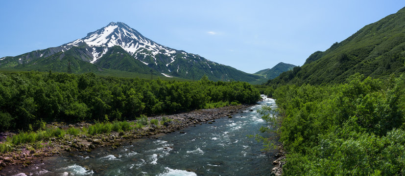 Panoramic view on a river at the foot of Mutnovsky Volcano, Kamchatka, Russia
