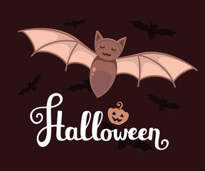 Vector halloween illustration with big bat, text, pumpkin and fl