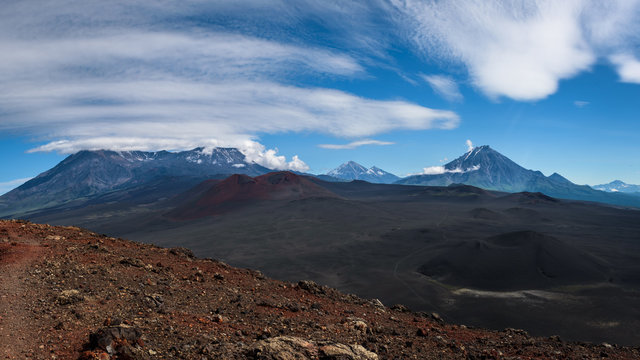 View on the Klyuchevskaya group from the area near Tolbachik Volcano, Kamchatka, Russia