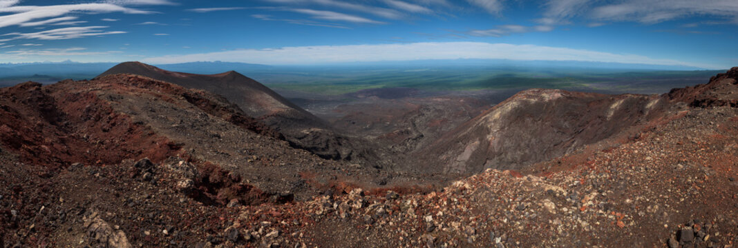 Tolbachik southern breaks panorama showing the lava flow after the eruption of 2013, Kamchatka, Russia.