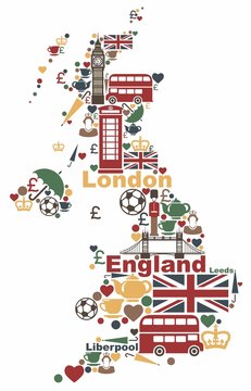 The symbols of the UK in the shape of a map