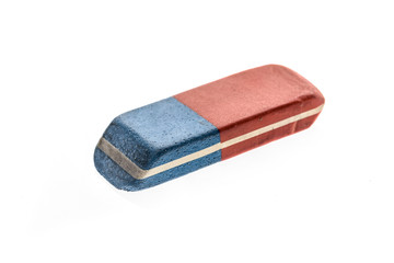 Used Blue and Red Rubber Pen Eraser isolated on white