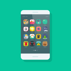 Smartphone vector isolated on green background, mobile phone with app icon on screen, modern cellular smart phone device flat cartoon style