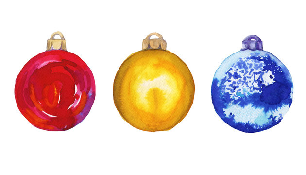 Colored Christmas balls on the tree. Watercolor illustration. Isolated.