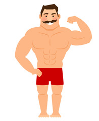 Fototapeta premium Beautiful cartoon muscular man with mustache, athletic male body vector illustration