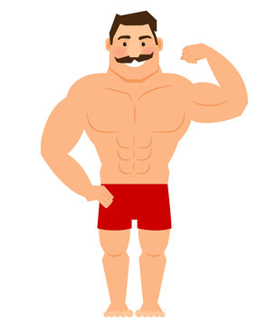 Beautiful cartoon muscular man with mustache, athletic male body vector illustration